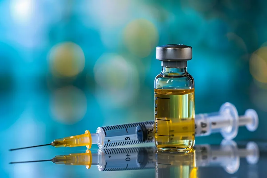 yellow fever vaccine bottle and syringe against a stunning turquoise background.